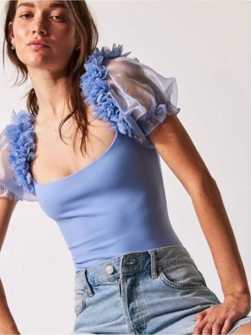 Intimately Free People Pretty Petals Bodysuit Puff Sleeve Romantic Coquette M